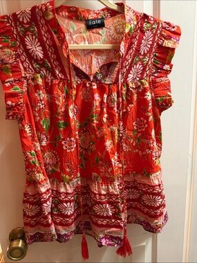 Fate Bright Red Floral Boho Peasant Blouse